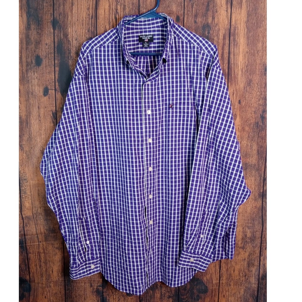 Ralph Lauren Jeans Co Mens XL Purple White Gingham Plaid Cotton Button Up